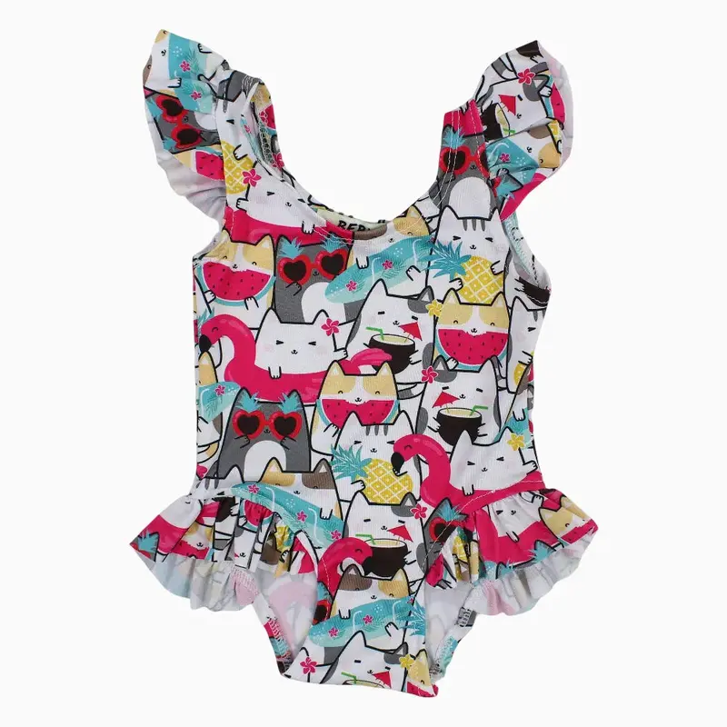 Baby Girls Swimsuit - White with Colorful Cats Print