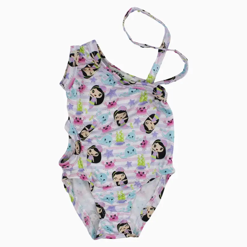 Baby Girls Swimsuit - White with Cute Mermaids Print