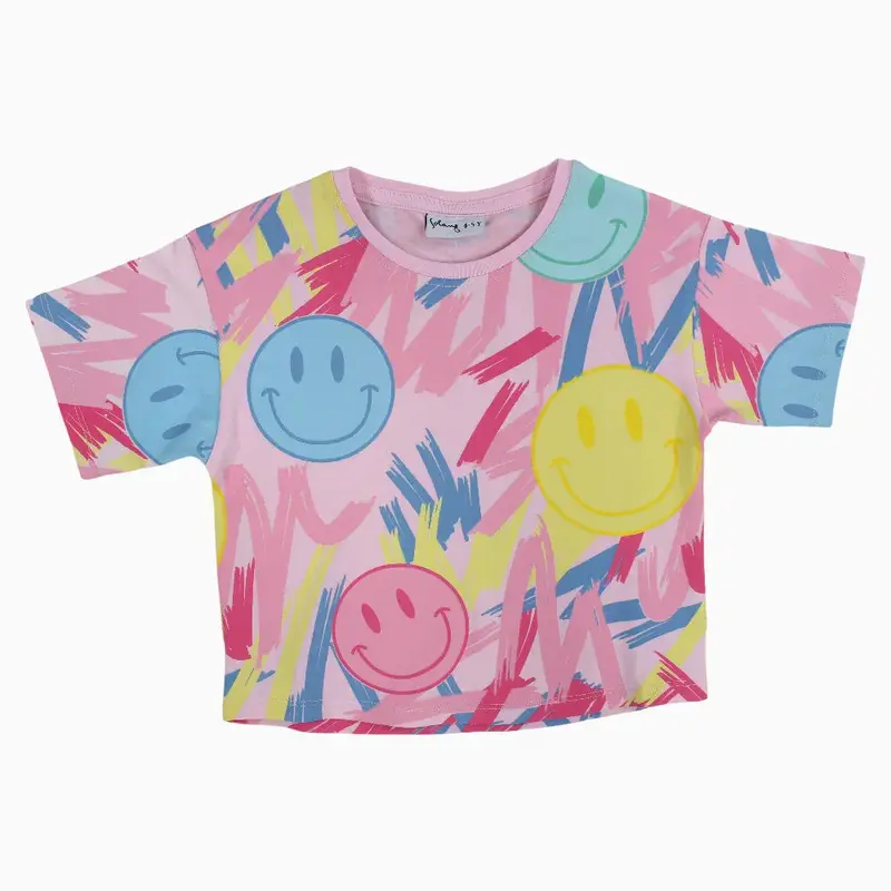 Girls Cotton T-Shirt - Pink with Smiley Faces Print