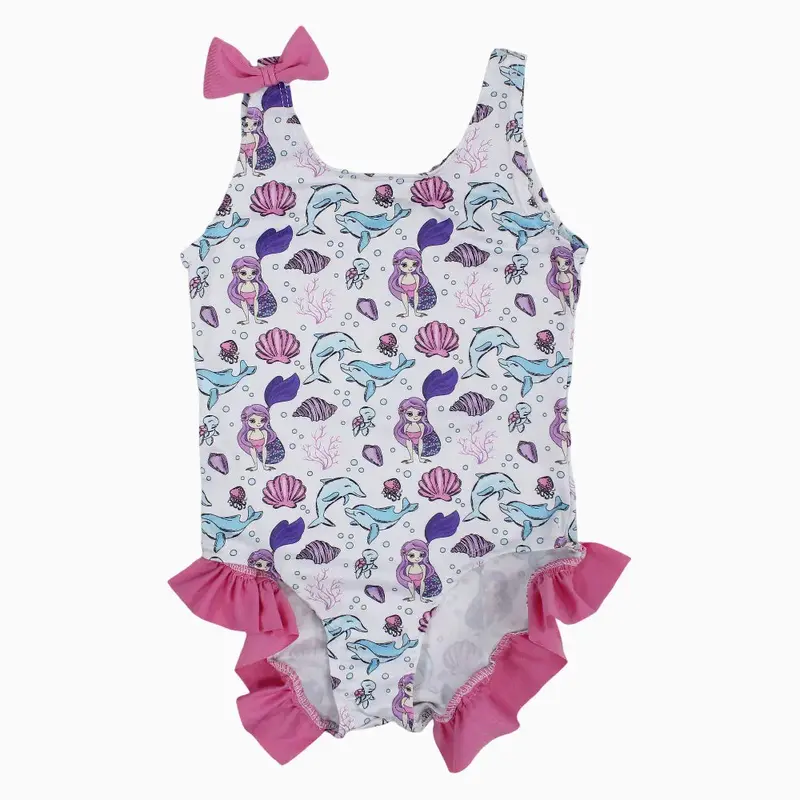 Girls Swimsuit - White with Under the Sea Print