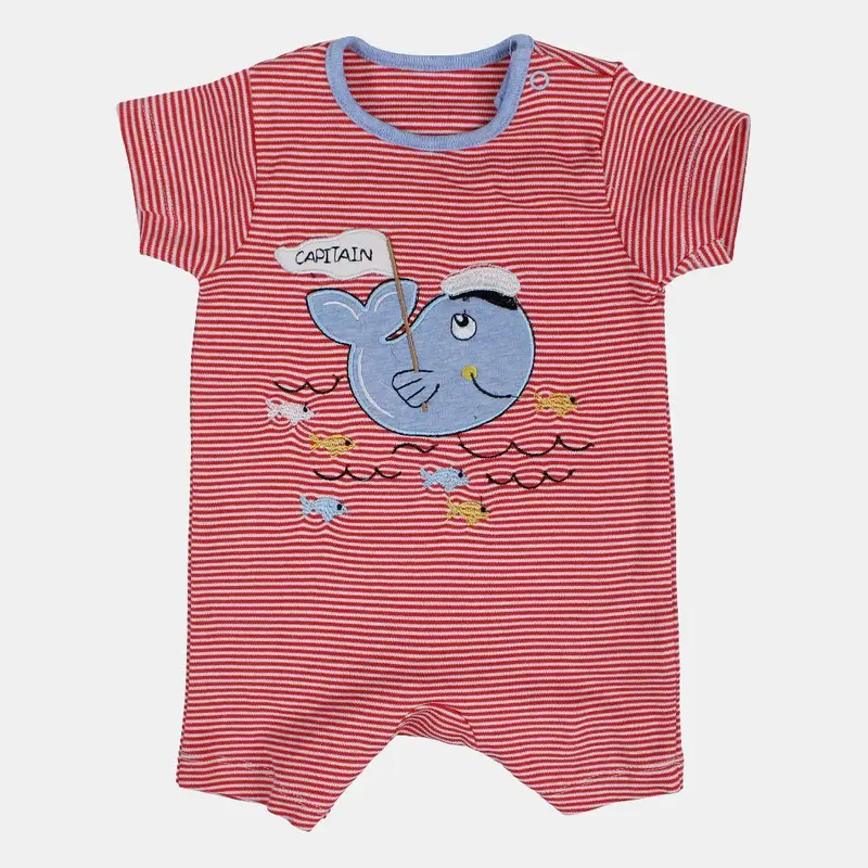 Baby Boys Cotton Romper  Red Striped with Dolphin Design