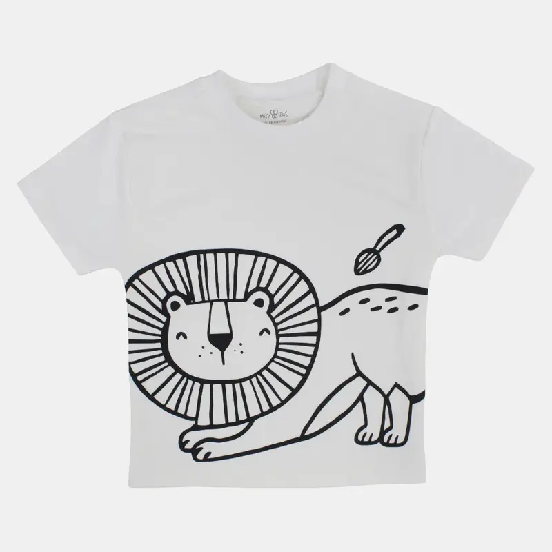 Boys Cotton T-Shirt  Off-White with Lion Print