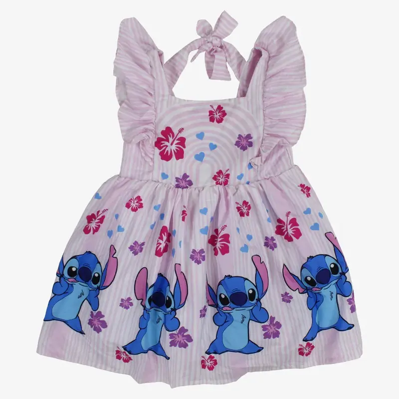 Girls Cotton Dress  Pink with Stitch Print