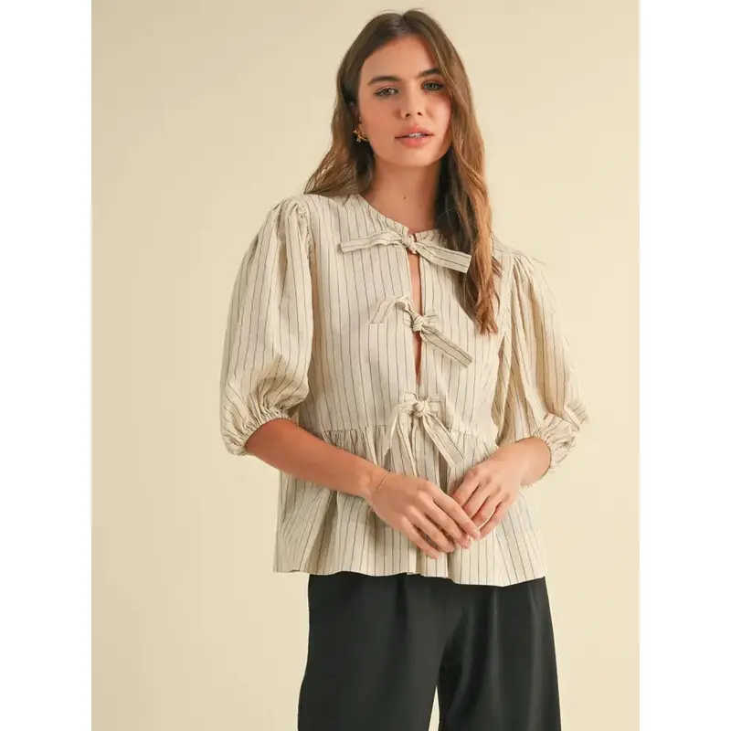 Striped Tie Front Blouse - Tan & Black