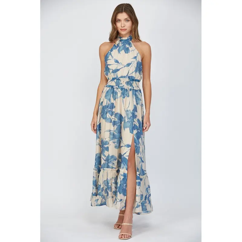 Tie Back Halter Dress - Blue Floral