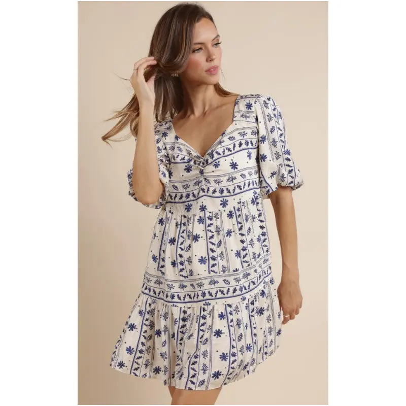 Tie Back Tiered Mini Dress - Greek Floral