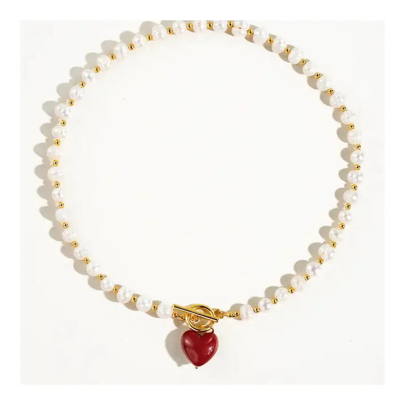 Wren Vintage Natural Pearl Heart Necklace - Red