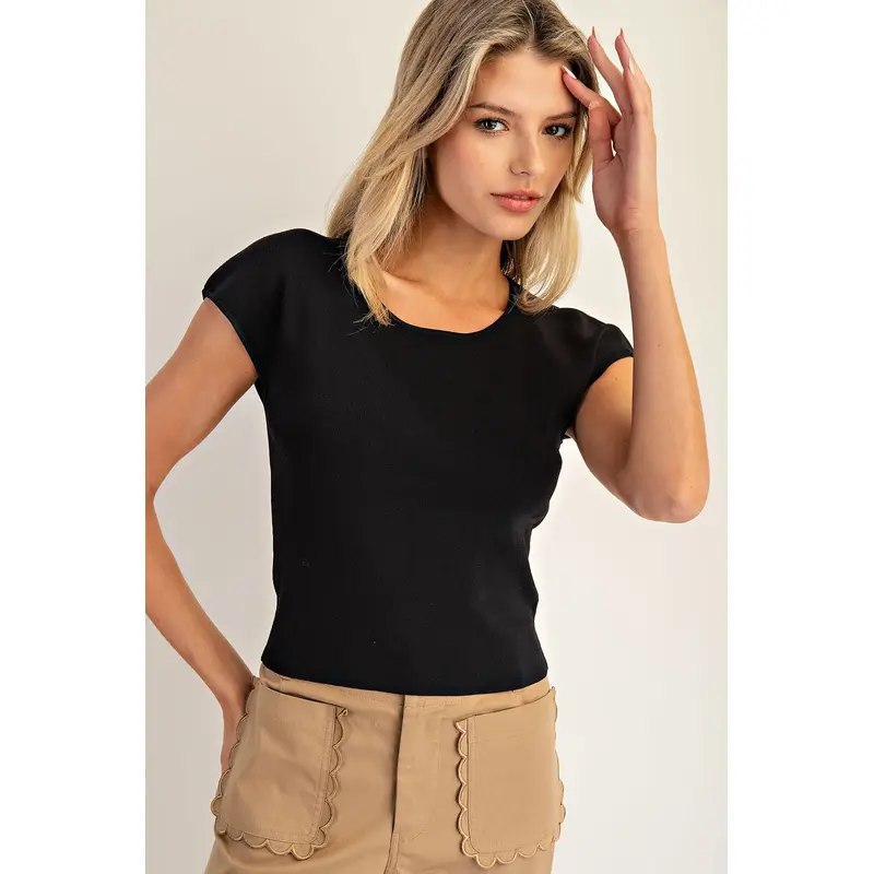 Round Neck Cap Sleeve Top - Black