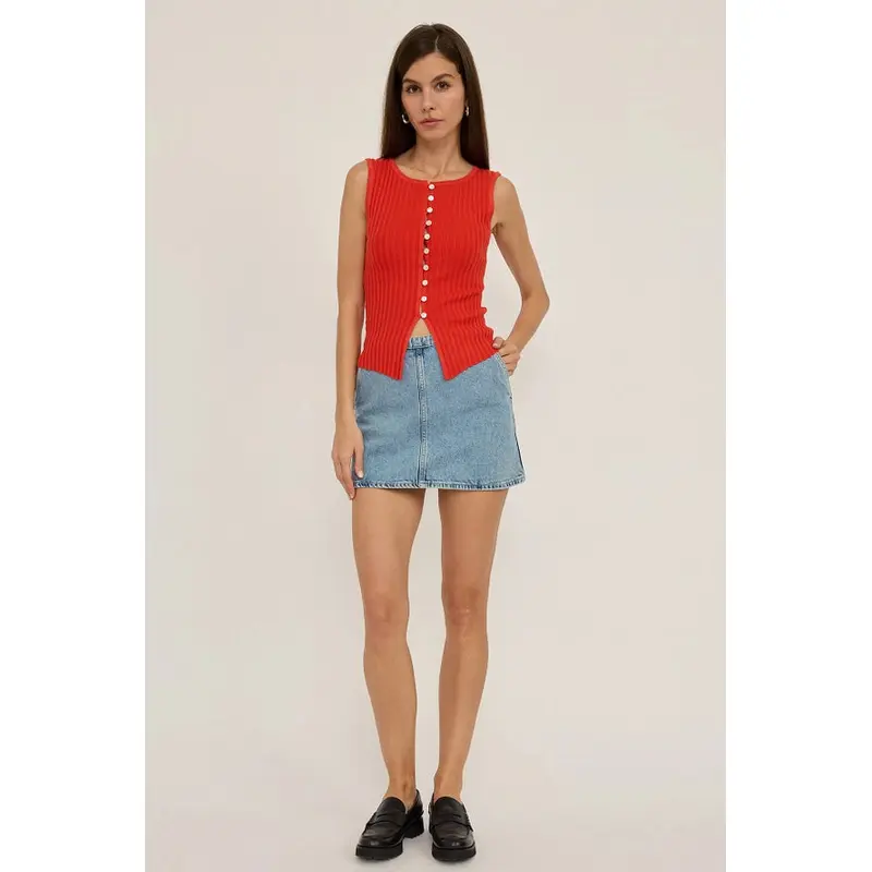 Slim Knit Sleeveless Button Top - Red