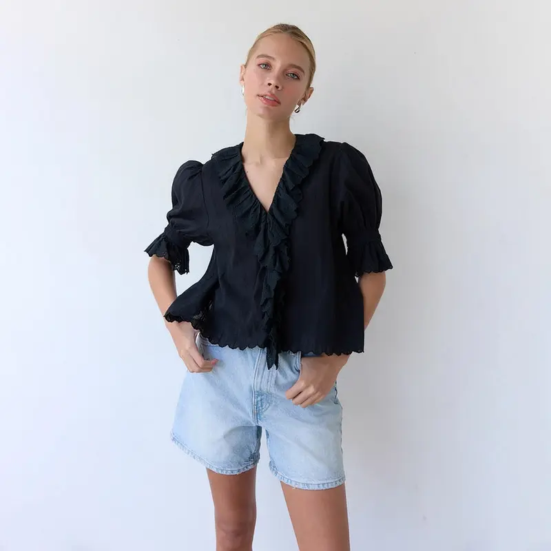 V-Neck Ruffle Blouse - Black