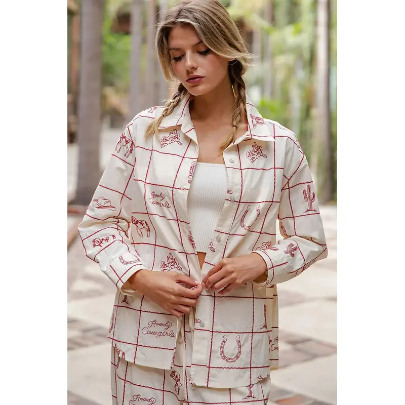 Western Flair Button Down - Cherrywood & Cream