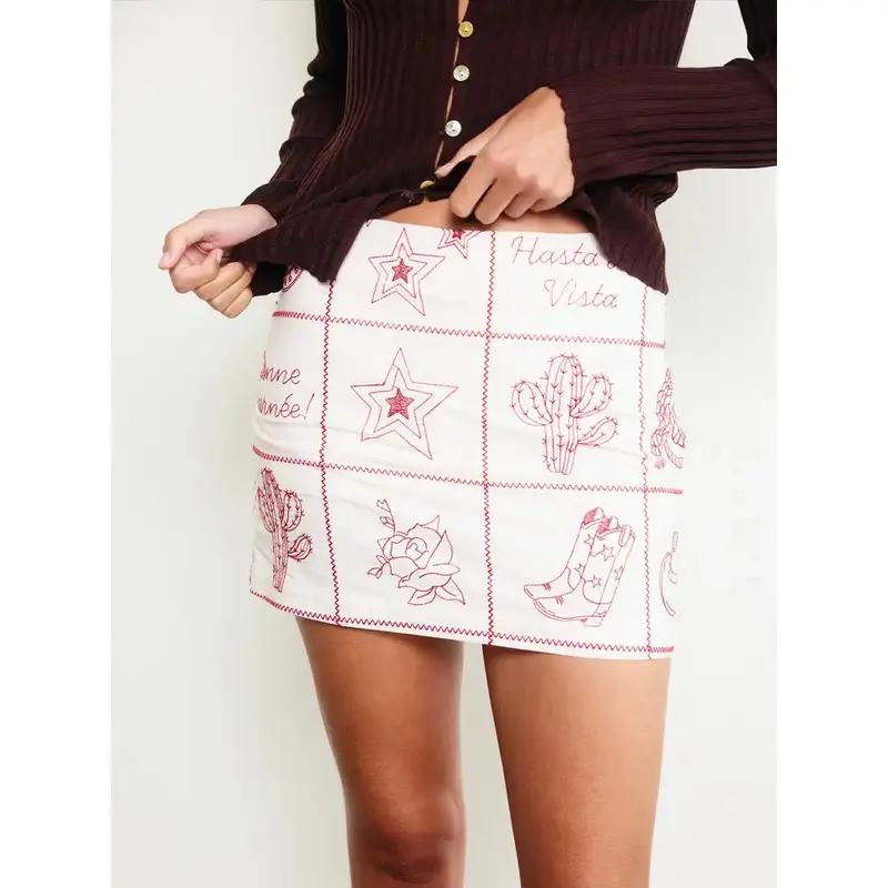 Western Flair Mini Skirt - Cream & Red