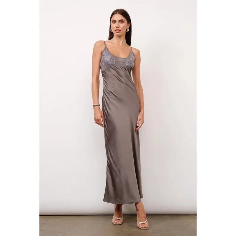 Zaria Embroidery Satin Maxi Dress - Charcoal