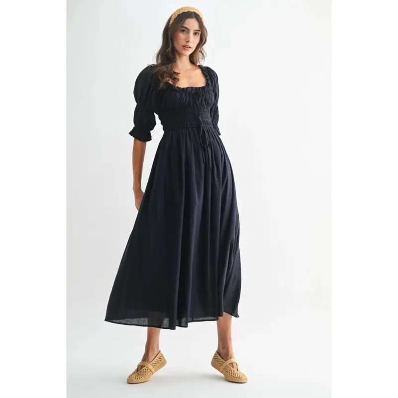 Smocked Midi Dress - Navy