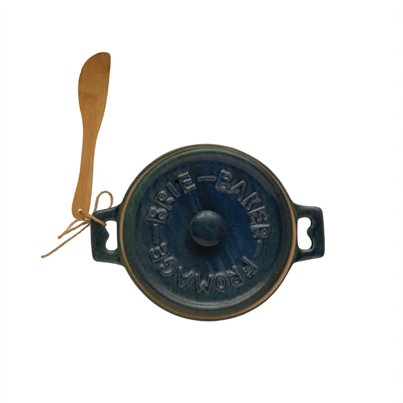 Stoneware Brie Baker with Bamboo Spreader - Blue