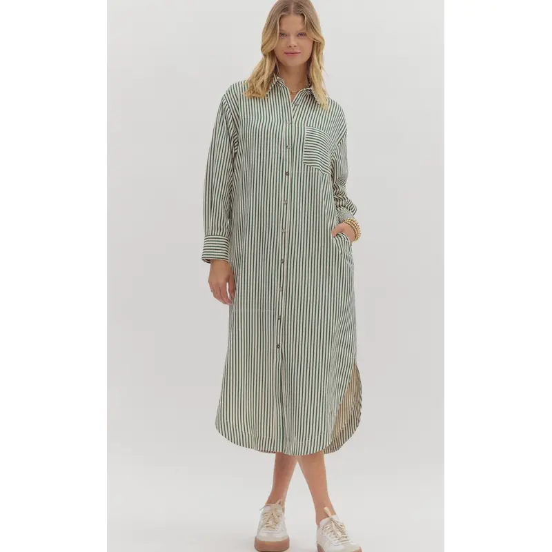 Textured Button Down Dress - Green Stripe