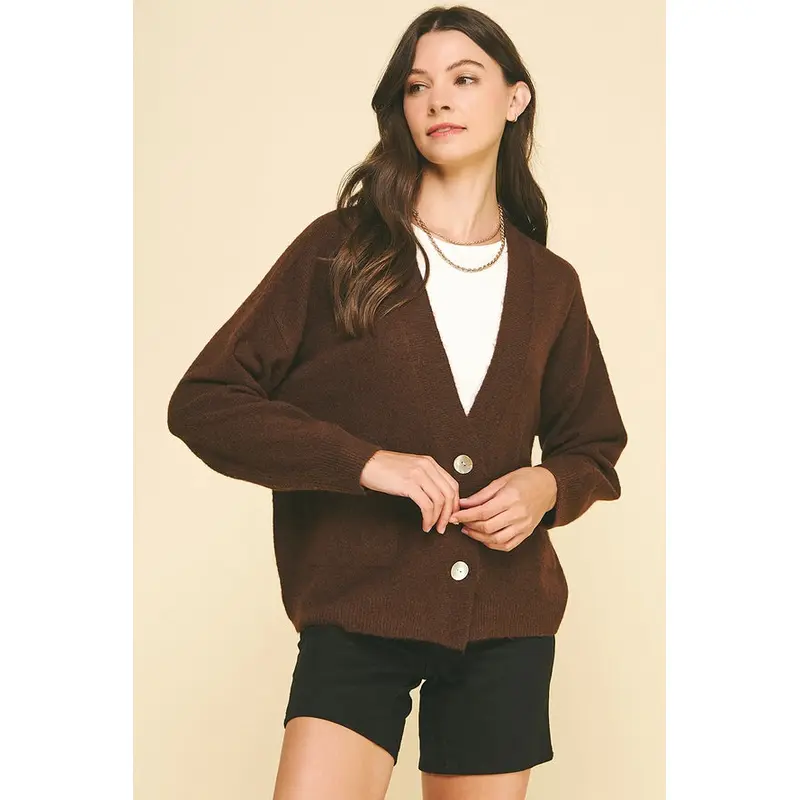 V-Neck Cardigan with Pockets - Chocolate