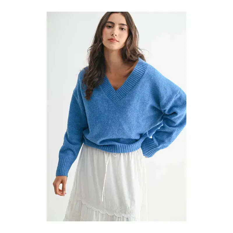 V-Neck Knit Sweater - Blue
