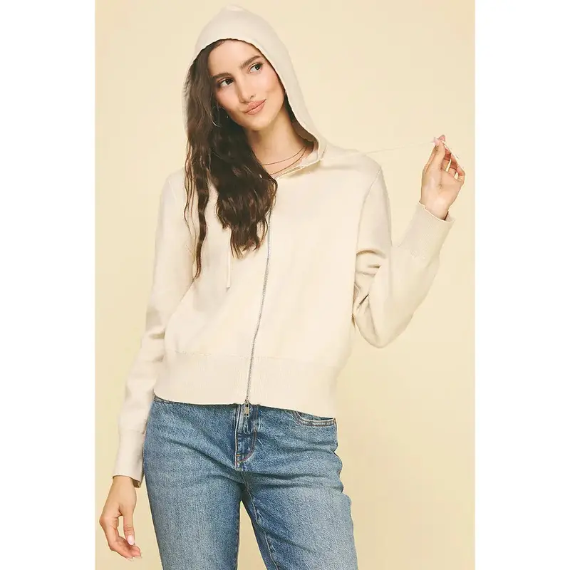 Zip-Up Hoodie Cardigan Sweater - Ivory