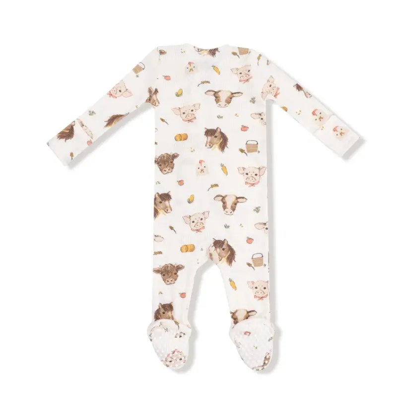 2 Way Zipper Footie - Vintage Baby Farm Animals