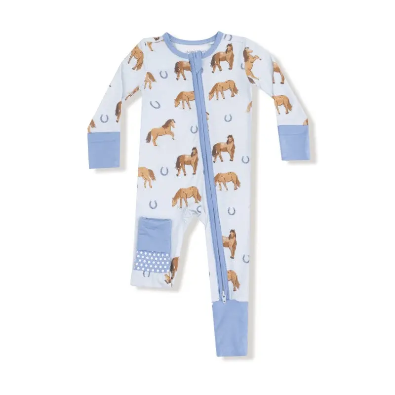 2 Way Zipper Romper - Horses - Blue