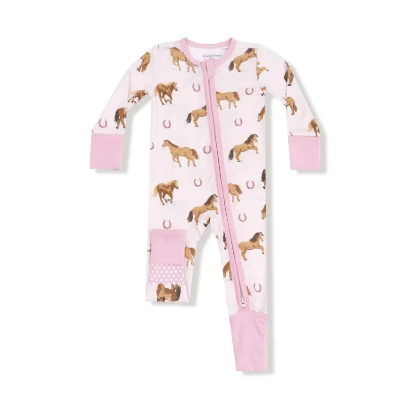 2 Way Zipper Romper - Horses - Pink