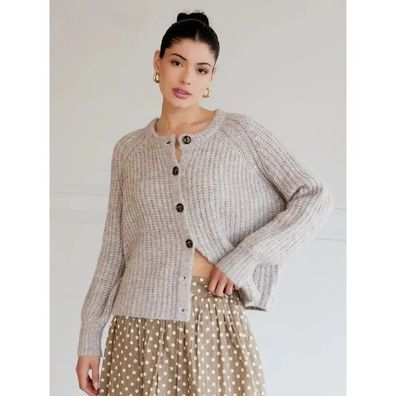 Round Neck Long Sleeve Button Up Cardigan - Heathered Gray