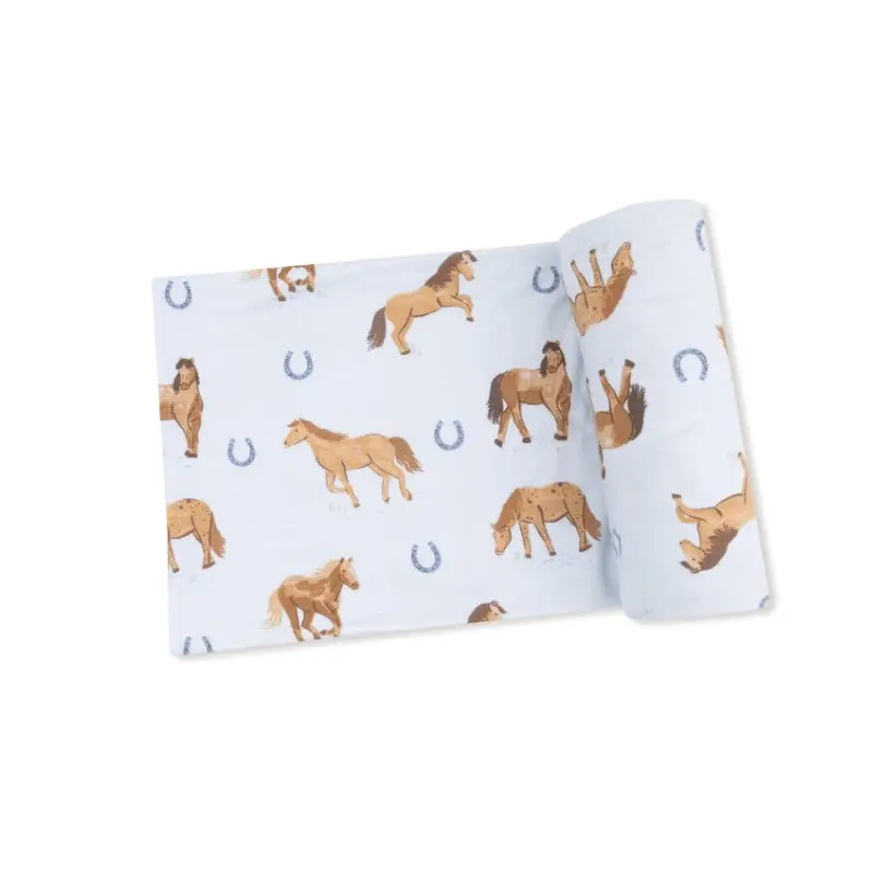 Swaddle Blanket - Horses - Blue