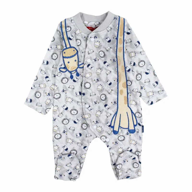 Baby Boys Cotton Baby Footie - Grey with Wild Animals Print