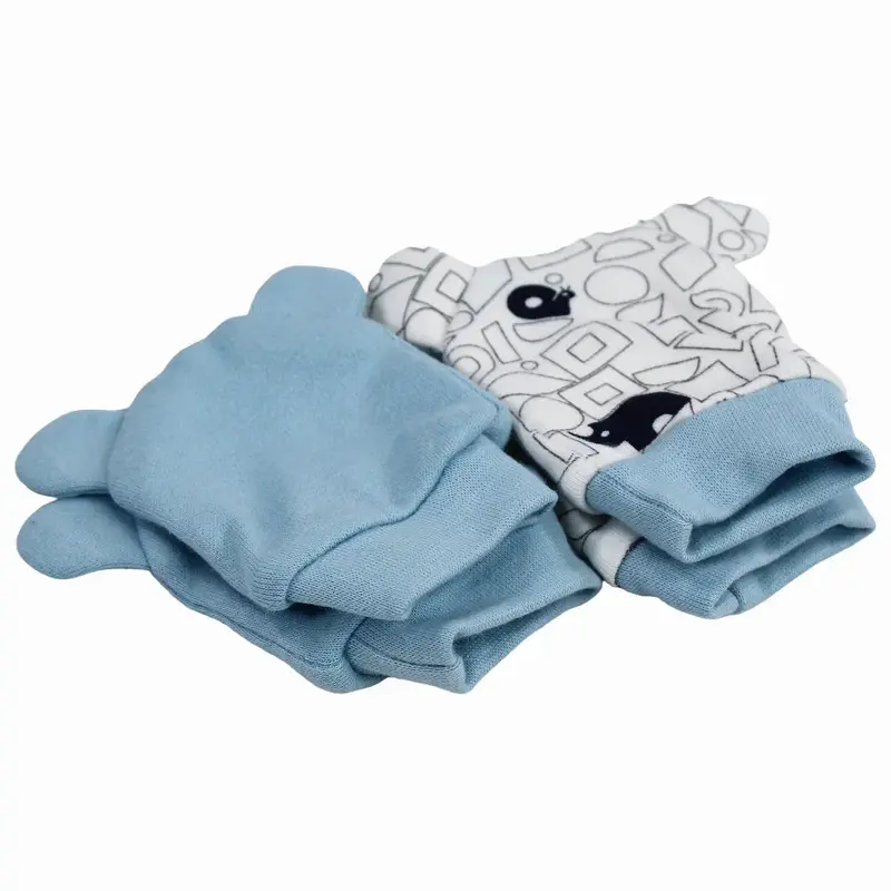 Baby Boys Cotton Hand Mittens  Blue & Off-White with a Cute Print (2Pcs)