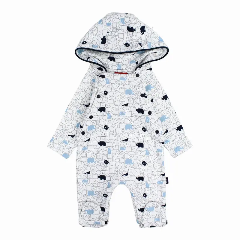 Baby Boys Cotton Hooded Baby Footie  Off-white with a Cute Print