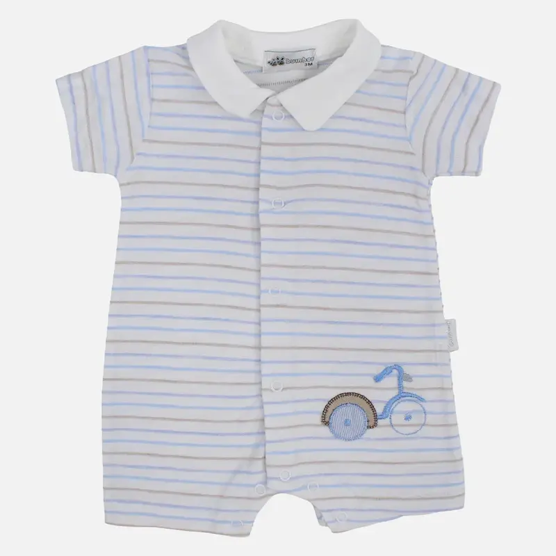 Baby Boys Cotton Romper - Striped with Bicycle Print