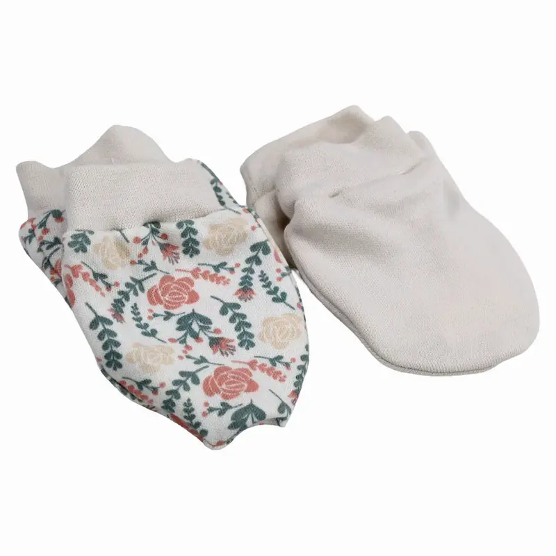 Cotton Baby Girls Hand Mittens Flowers  Beige 2Pcs