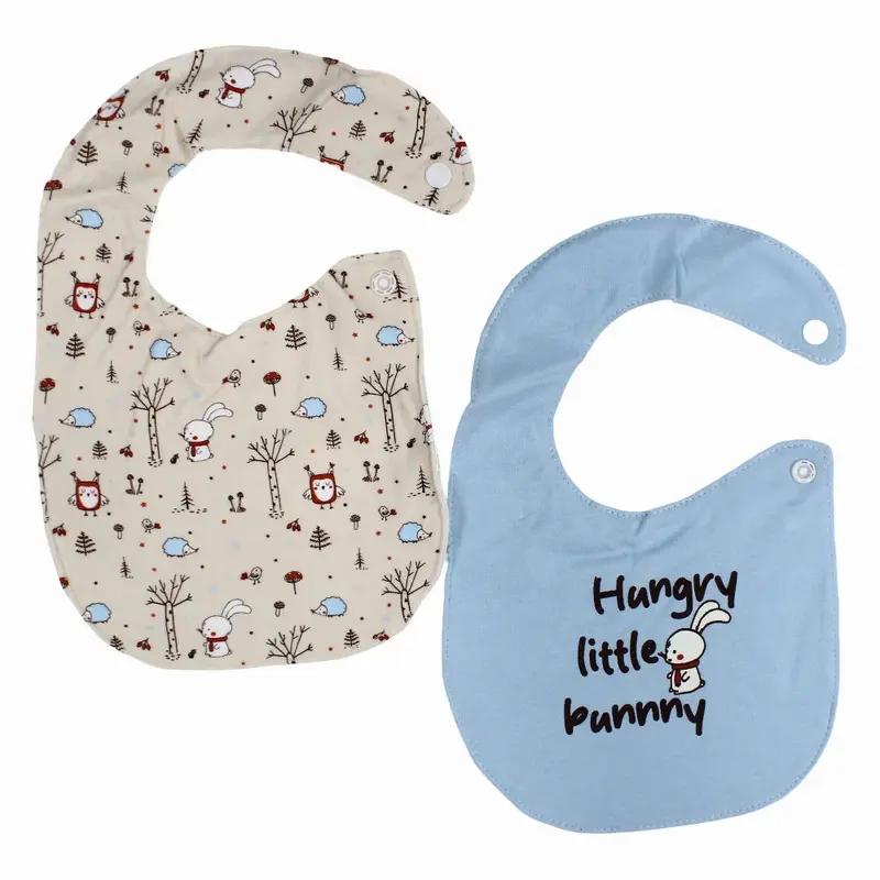 Soft Cotton Baby Bib  Baby Blue & Beige with "Hungry Little Bunny" Print (2Pcs)