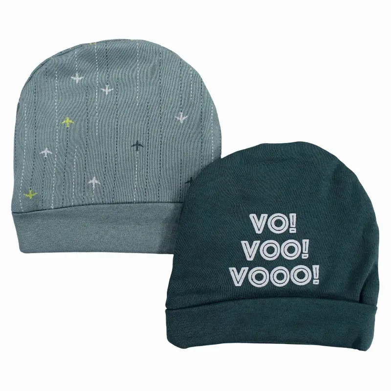 Baby Boy Cotton Beanie  Mint with Airplane VOO!! Design (2Pcs)