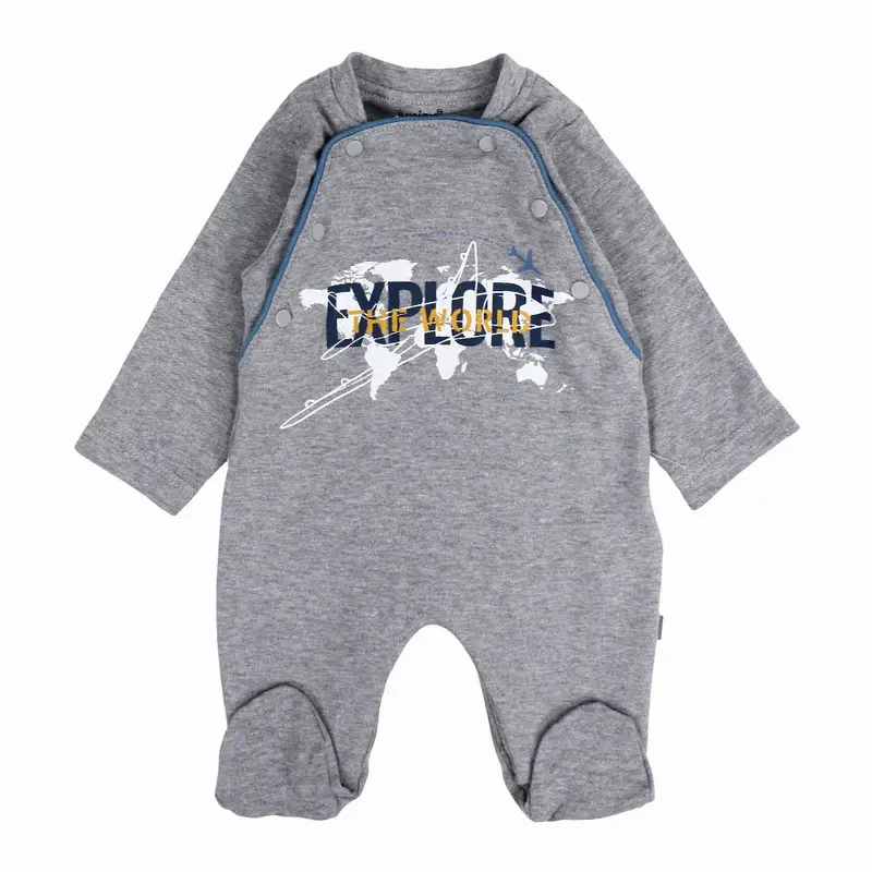 Baby Boys Cotton Baby Footie - Grey with EXPLORE Print