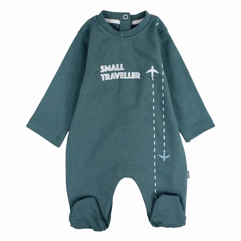 Baby Boys Cotton Baby Footie - Mint with SMALL TRAVELLER Print