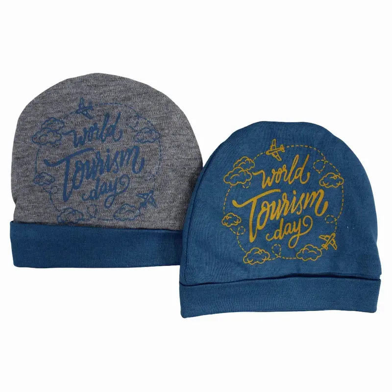 Baby Boys Cotton Beanie  Indigo & Grey with Tourism Day Design (2Pcs)