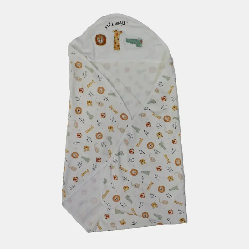 Baby Boys' Cotton Blanket  Off-White with Animal Print
