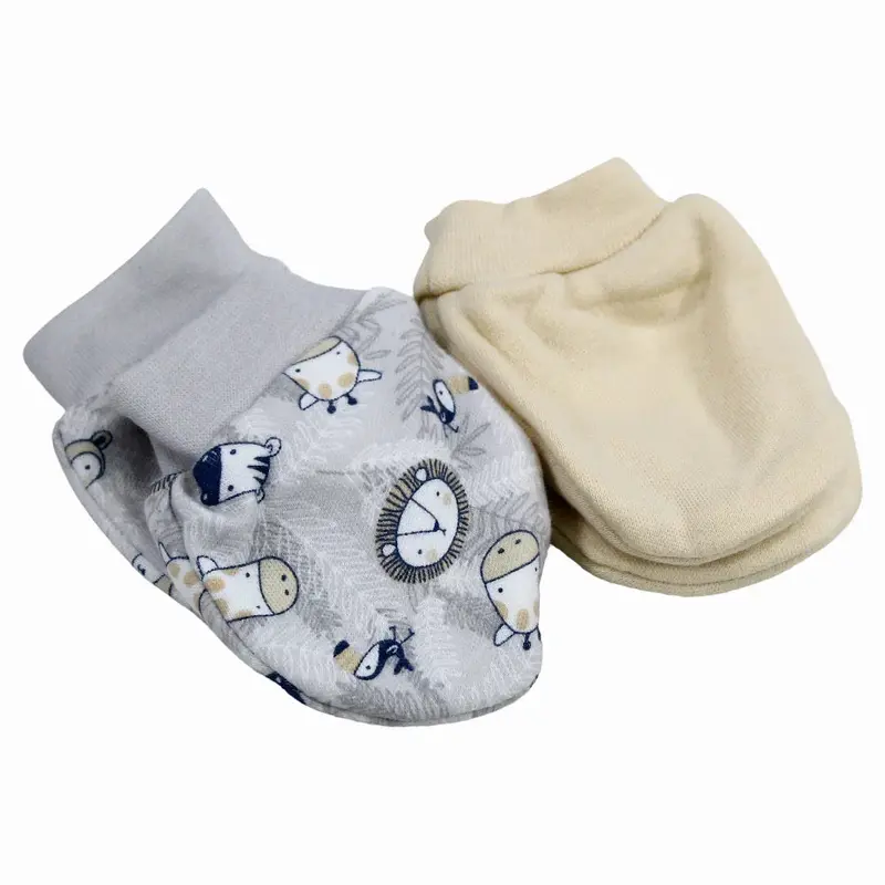 Baby Boys Cotton Hand Mittens   Beige & Grey with Animal Design (2Pcs)