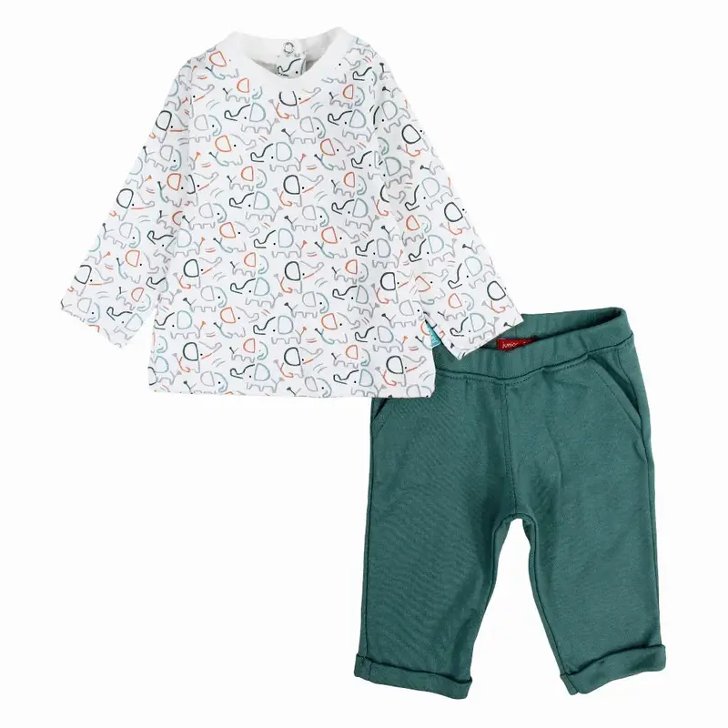 Baby Boys Cotton Pajama Set  Off-white & Mint with Elephant Print