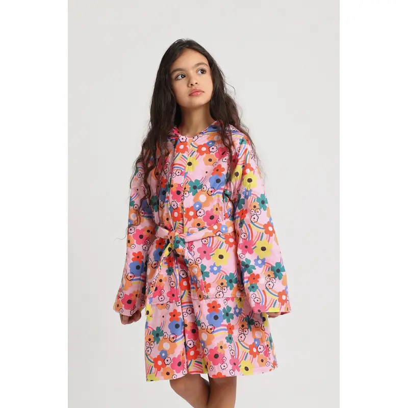 Girls Swim Robe  Pink Flower Print Sleeves