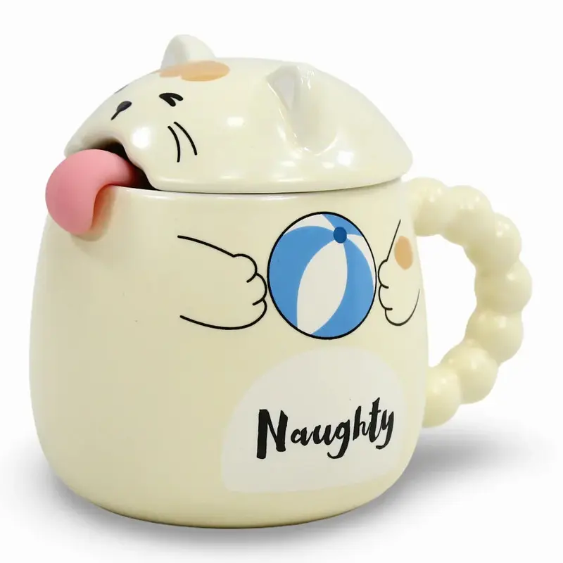 Porcelain Mug  Beige Cat Shape with Lid & Spoon
