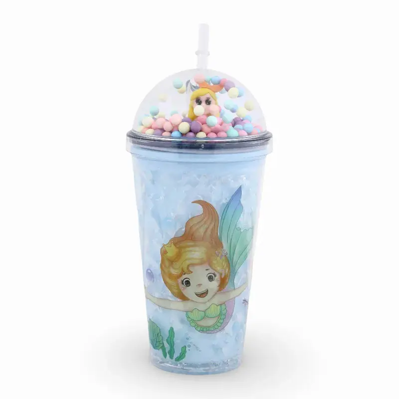 Porcelain Mug with Straw  Blue with Mermaid Design