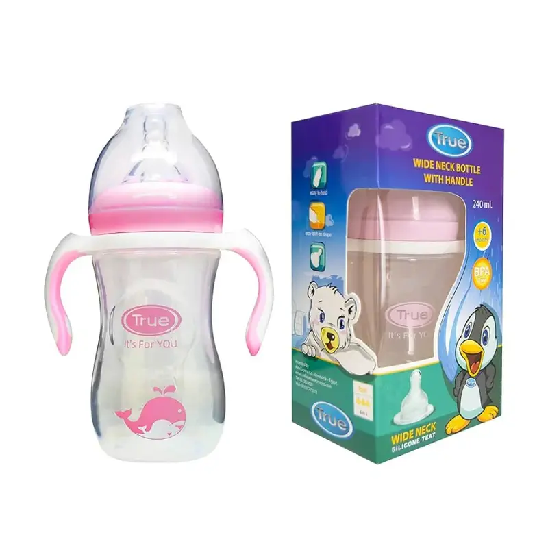 True Wide Neck Feeding Bottle with Handles 240ml  Pink