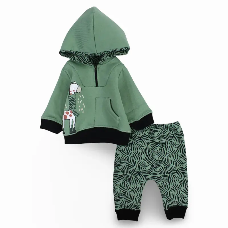 Baby Boys Cotton Hooded Pajama Set - Green with Giraffe Design