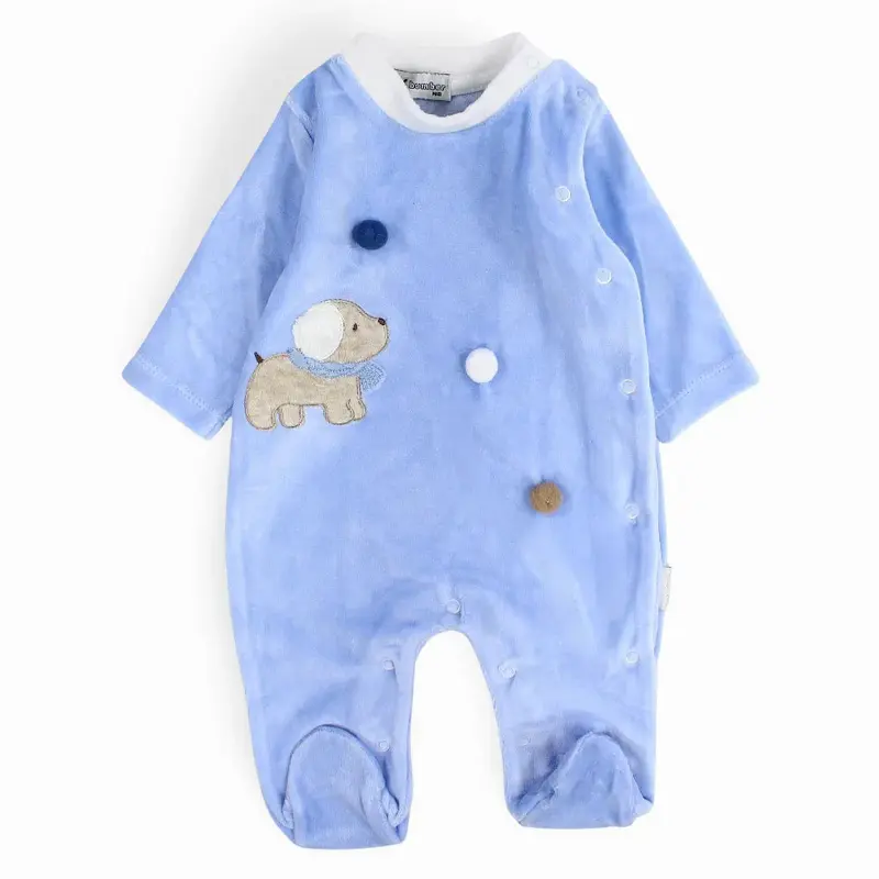 Baby  Boys Velvet Baby Footie - Dog Embroidery