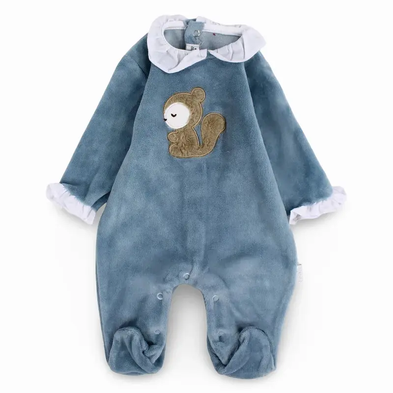Baby Girls Velvet Baby Footie - Squirrel Embroidery