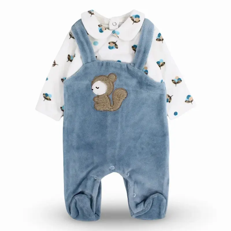 Baby Girls Velvet Sleeveless Onesie with Long-Sleeved Top - Squirrel & Flowers Design