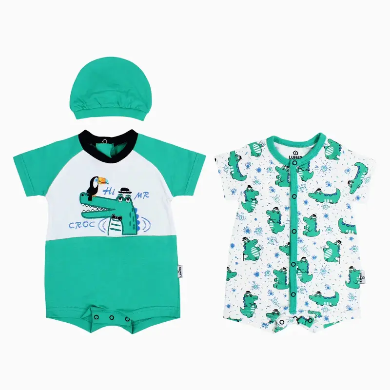 Pack of 2 - Baby Boys Cotton Romper  Green with Crocodile Print & a Beanie